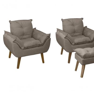 Kit 02 Poltrona Decorativa Confortável Com Puff Glamour Opala Com Pés Quadrado Capuccino