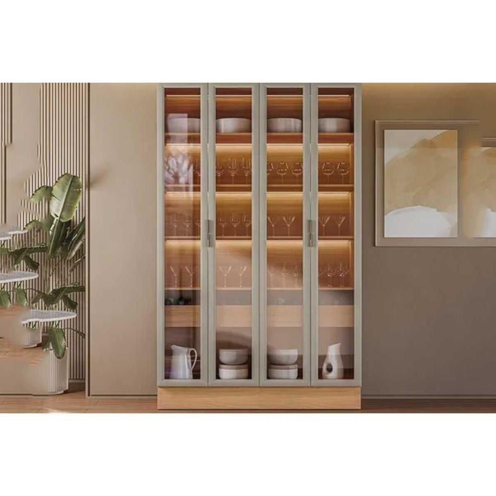 Cristaleira De Cozinha Allure Adega Vinhos C- 4ptas Vidro 5 Prat 2gavs E Leads 140cm Jequitiba-gris Fosco - Linea Brasil - 1