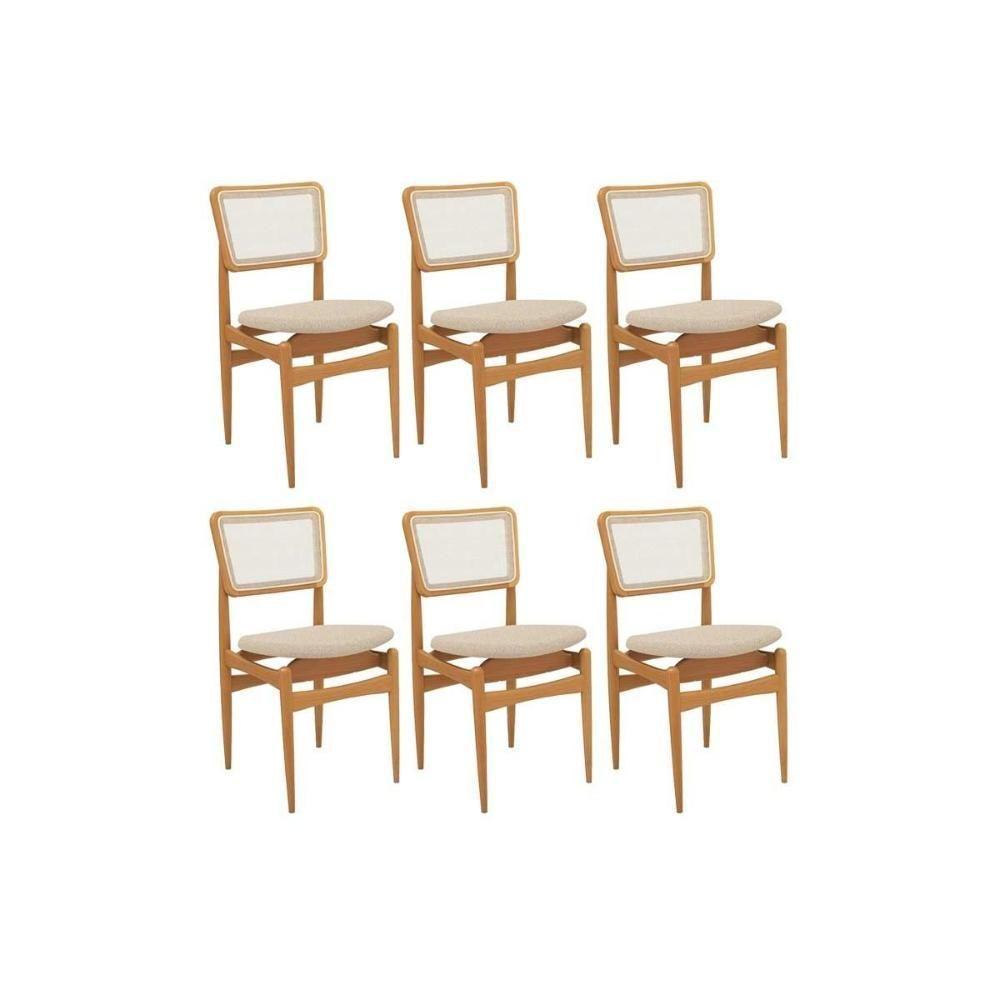 Cadeira Sala De Jantar Stela 1cmm013ca Premium Madeira Maciça Kit 6 Un Carvalho-linho Bege Argila-tela Bege - Kappesberg - 1
