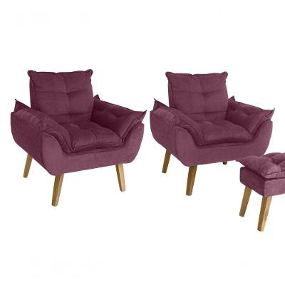 Kit 02 Poltrona Decorativa Confortável Com Puff Glamour Opala Com Pés Quadrado Vinho