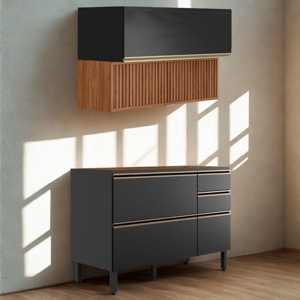 Balcão Pia E Armário Aéreo 120 Cm Ripado Proença Nogueira Carbono Prime Demartez - 2