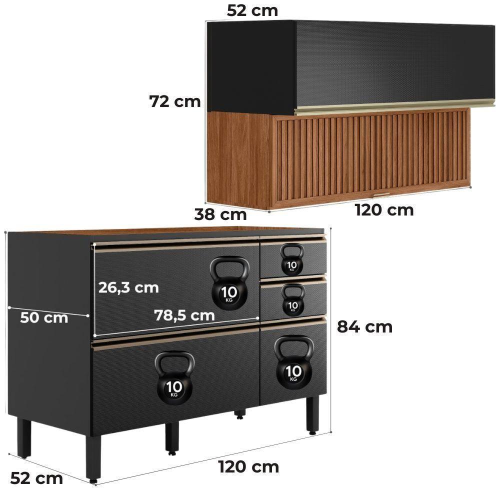 Balcão Pia E Armário Aéreo 120 Cm Ripado Proença Nogueira Carbono Prime Demartez - 3