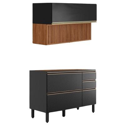 Balcão Pia E Armário Aéreo 120 Cm Ripado Proença Nogueira Carbono Prime Demartez