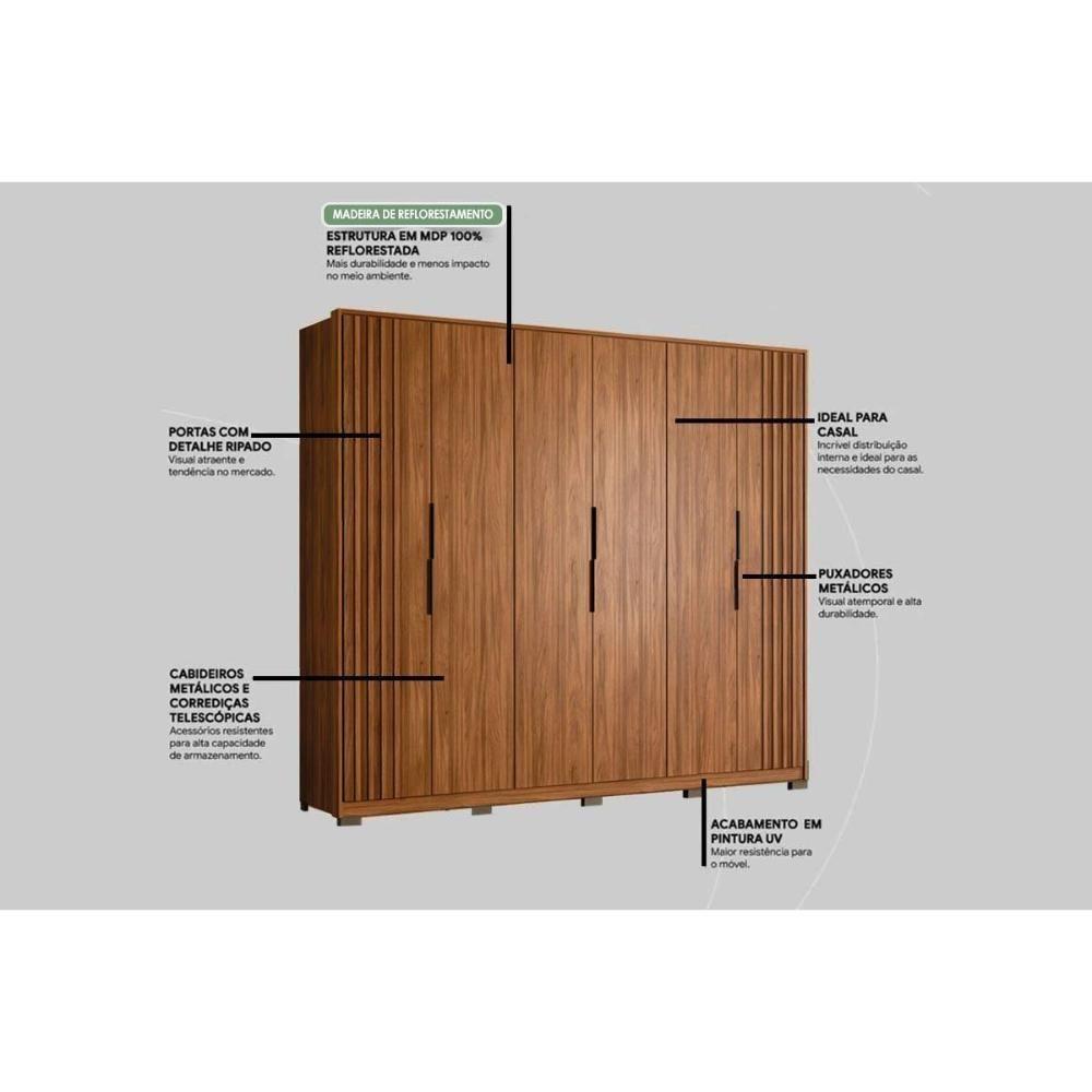 Guarda Roupa Casal 6 Portas (2 Ripadas) E 6 Gavetas C- Pés Atrice Nogueira Touch - Demóbile - 6