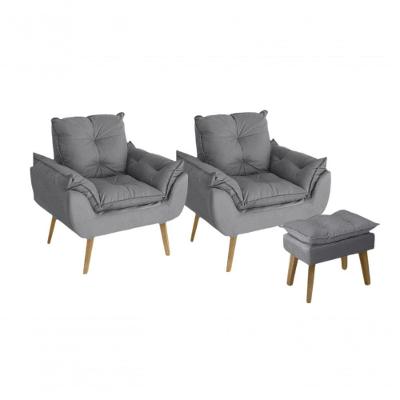 Kit 02 Poltrona Decorativa Confortável Com Puff Glamour Opala Com Pés Quadrado Cinza