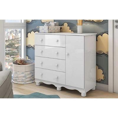 Cômoda Infantil Junior 4 Gavetas 1 Porta em MDF com Puxadores Branco para Quarto