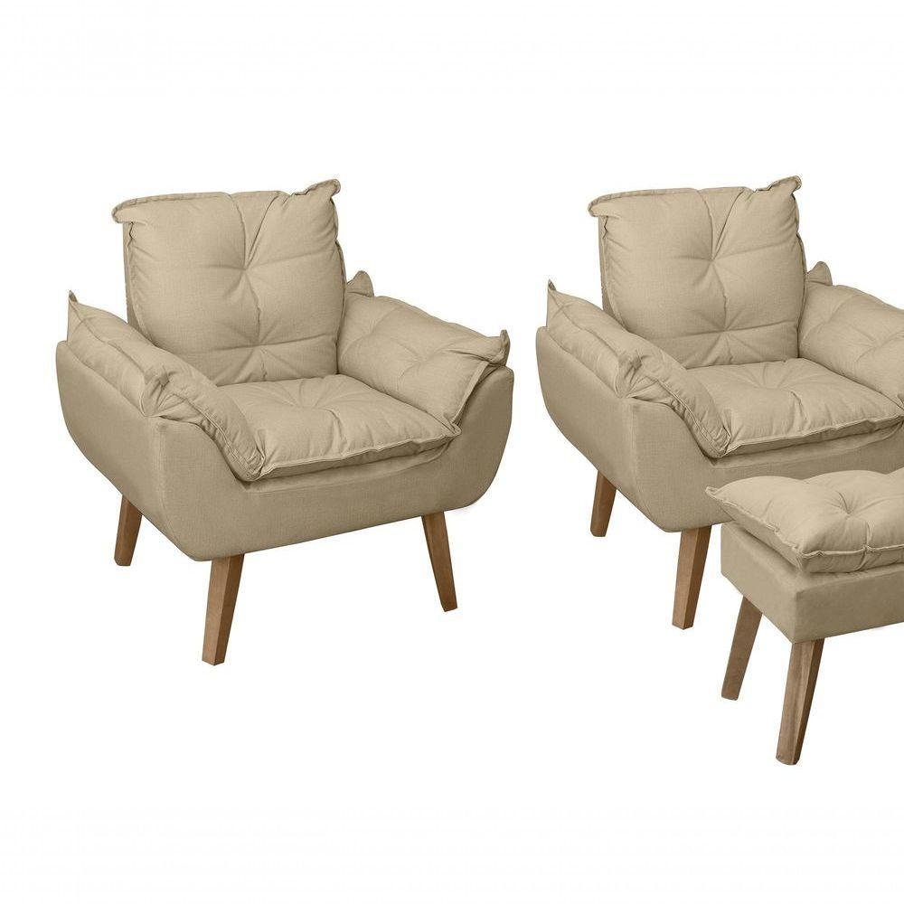 Kit 02 Poltrona Decorativa Confortável Com Puff Glamour Opala Com Pés Quadrado Bege Linho - 1