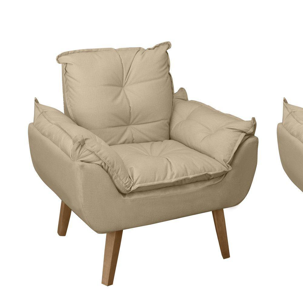 Kit 02 Poltrona Decorativa Confortável Com Puff Glamour Opala Com Pés Quadrado Bege Linho - 4