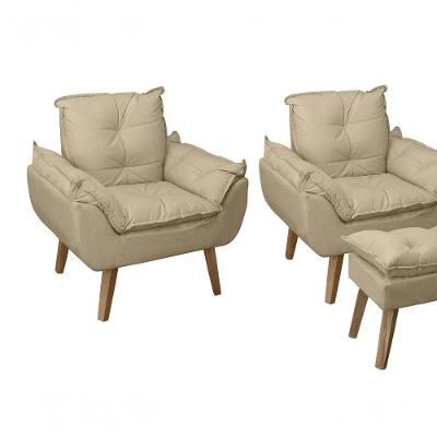 Kit 02 Poltrona Decorativa Confortável Com Puff Glamour Opala Com Pés Quadrado Bege Linho