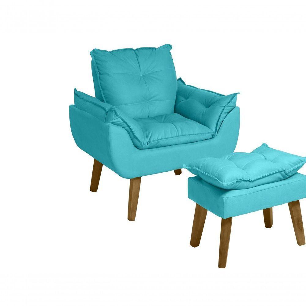 Kit 02 Poltrona Decorativa Confortável Com Puff Glamour Opala Com Pés Quadrado Azul Turquesa - 3