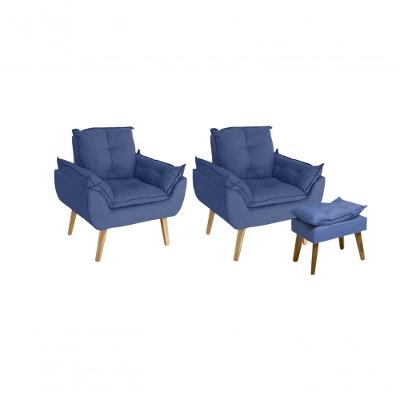 Kit 02 Poltrona Decorativa Confortável Com Puff Glamour Opala Com Pés Quadrado Azul Marinho