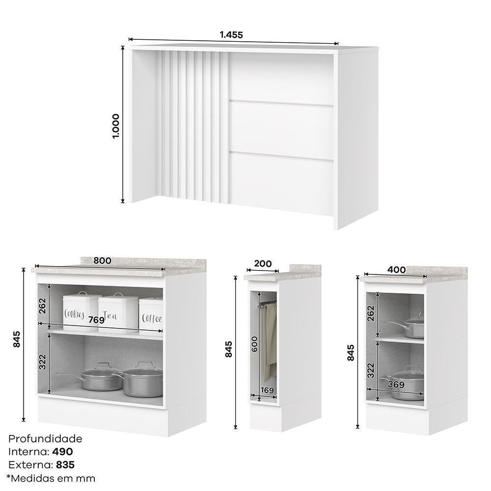Kit Ilha Gourmet Com Balcões 80cm, 40cm E Porta Toalha Americana Branco - Móveis Henn Branco - 6