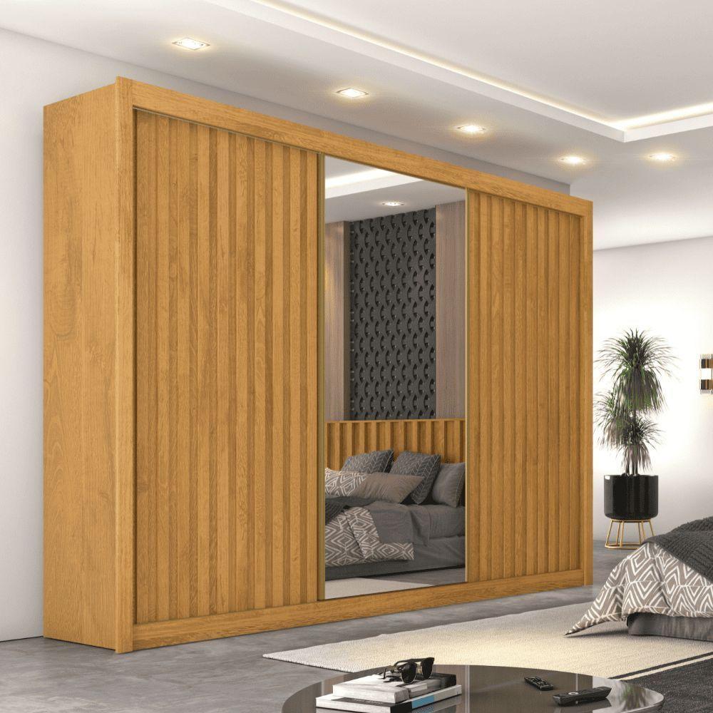 Guarda Roupas Casal 3 Portas De Correr Com Espelho Ripado 100% Mdf 6 Gavetas Dublin Madeirado - 2