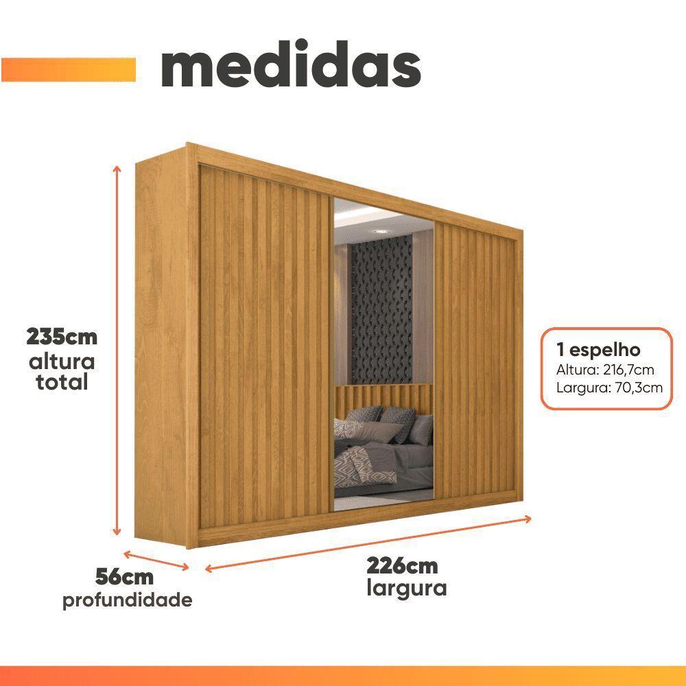 Guarda Roupas Casal 3 Portas De Correr Com Espelho Ripado 100% Mdf 6 Gavetas Dublin Madeirado - 3