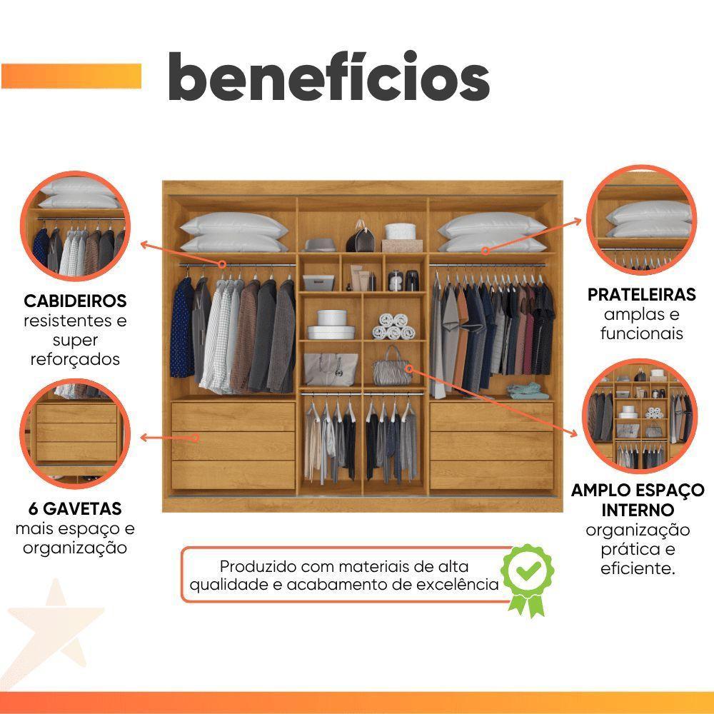 Guarda Roupas Casal 3 Portas De Correr Com Espelho Ripado 100% Mdf 6 Gavetas Dublin Madeirado - 4
