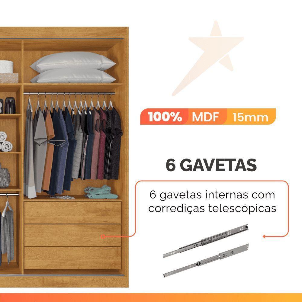 Guarda Roupas Casal 3 Portas De Correr Com Espelho Ripado 100% Mdf 6 Gavetas Dublin Madeirado - 6