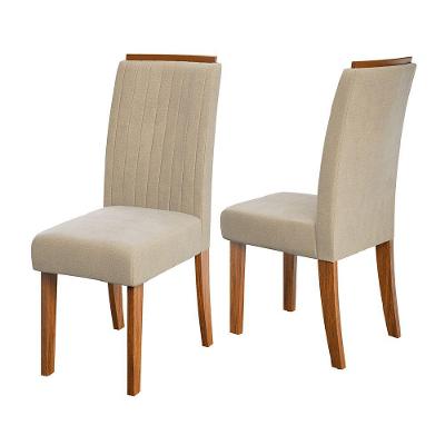 Conjunto De 2 Cadeiras Estofada Sala De Jantar Grécia Dobuê Madeirado / Bege