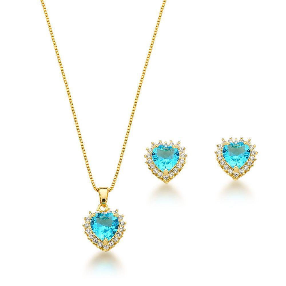 Conjunto Colar E Brincos Coração Zirconia Azul Banhado A Ouro 18k - 1
