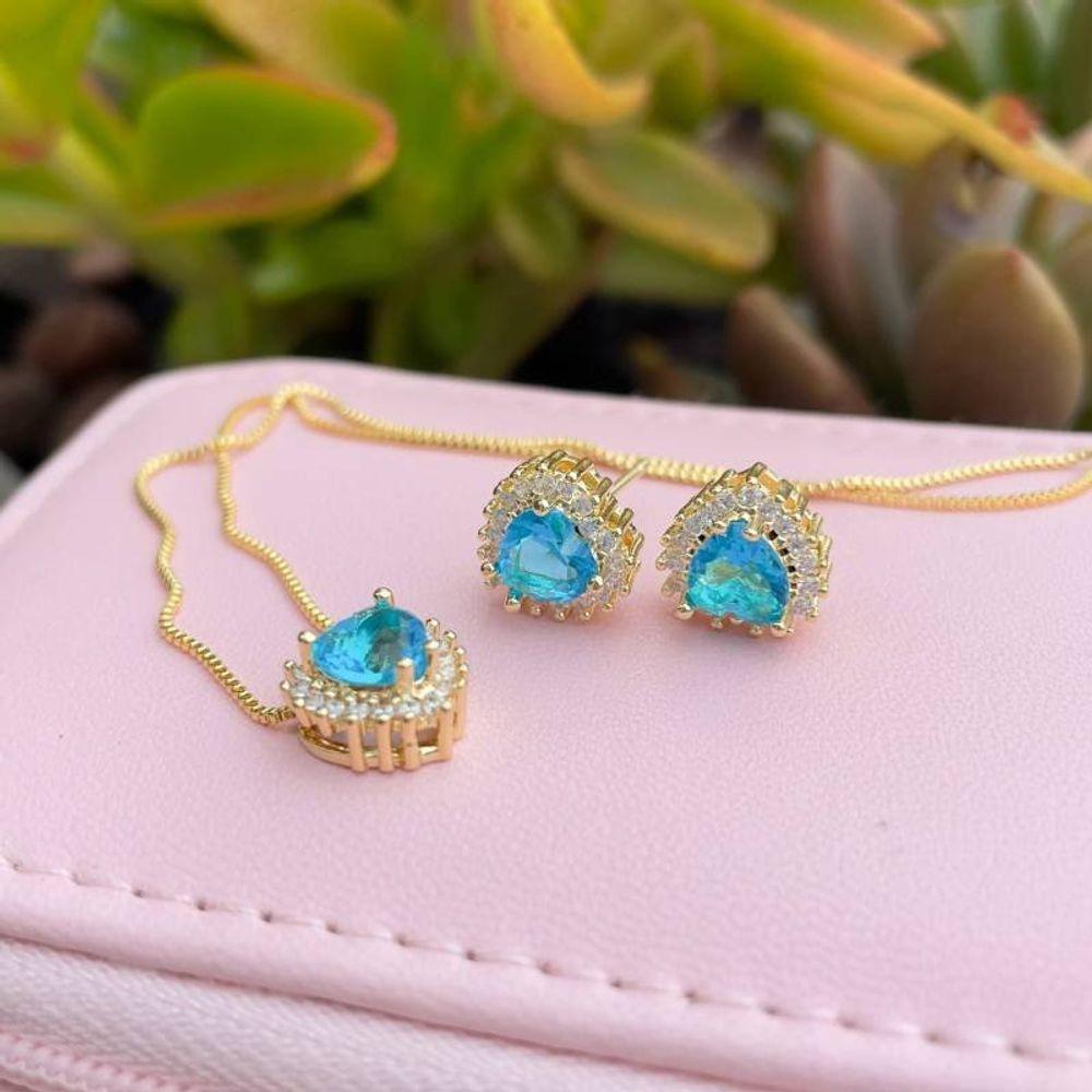 Conjunto Colar E Brincos Coração Zirconia Azul Banhado A Ouro 18k - 2