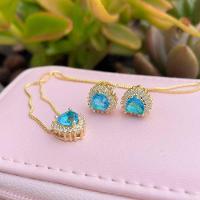 Conjunto Colar E Brincos Coração Zirconia Azul Banhado A Ouro 18k - 2