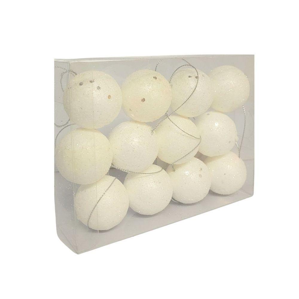 Kit 12 Bolas Natal Glitter Branco Lantejoulas Prime 4cm Na Caixa - Magizi - 9