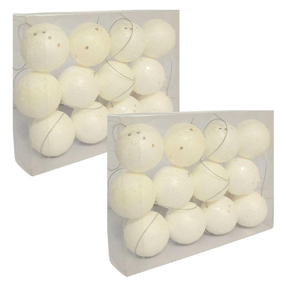 Jogo 24 Bolas De Natal Brancas Glitter Prime 4cm Na Caixa - Magizi - 1