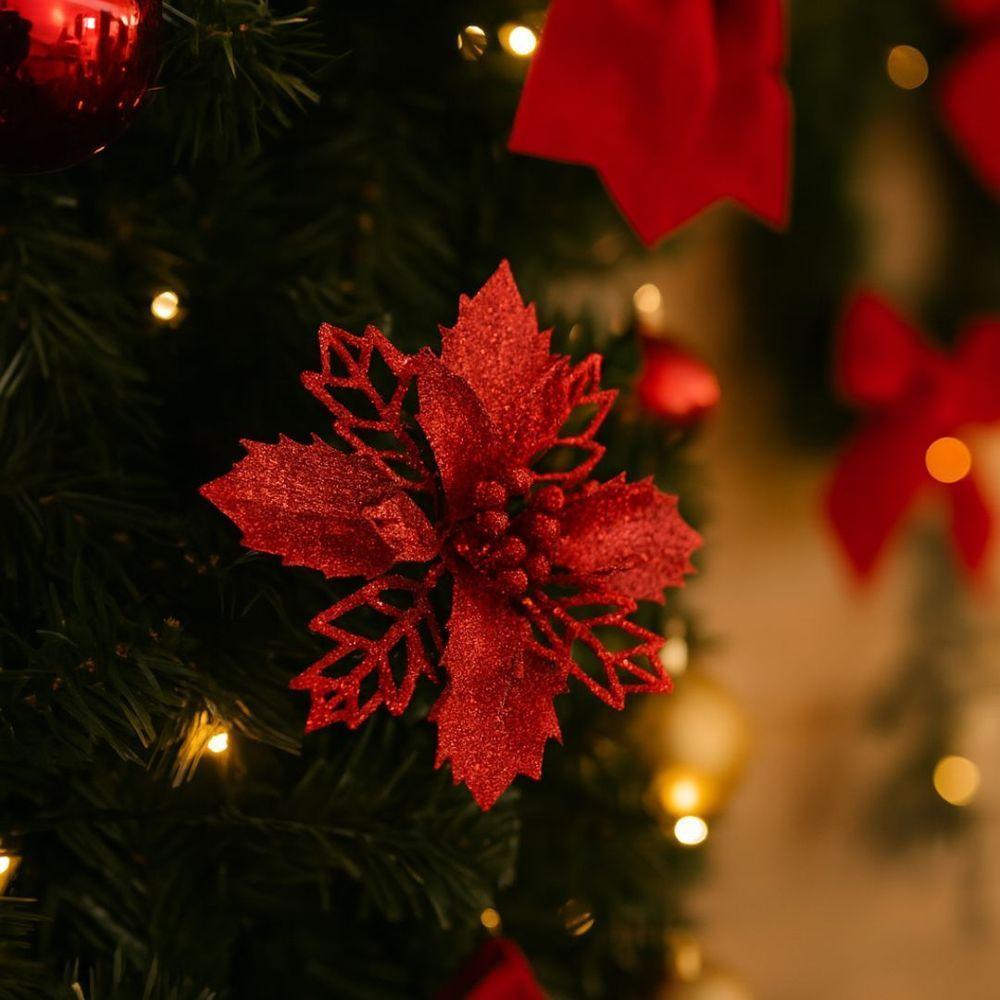 Jogo 4 Flores Bico De Papagaio Vermelha Natal Pick Glitter 9cm Com Presilha - Magizi - 2