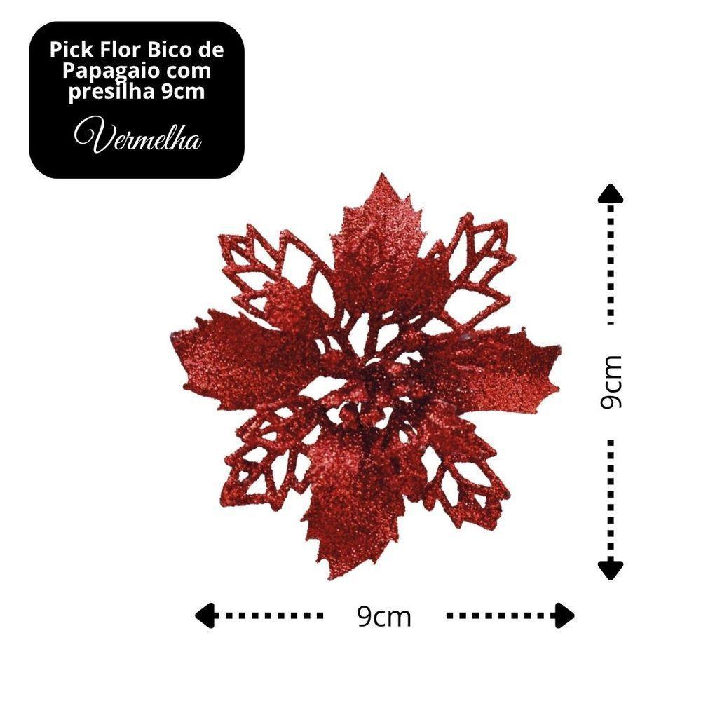 Jogo 4 Flores Bico De Papagaio Vermelha Natal Pick Glitter 9cm Com Presilha - Magizi - 5
