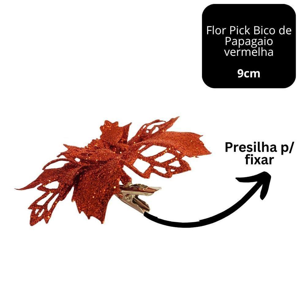 Jogo 4 Flores Bico De Papagaio Vermelha Natal Pick Glitter 9cm Com Presilha - Magizi - 6