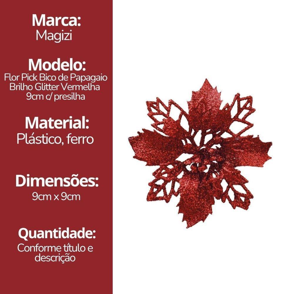 Jogo 4 Flores Bico De Papagaio Vermelha Natal Pick Glitter 9cm Com Presilha - Magizi - 7