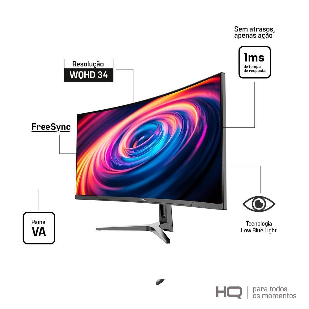 Monitor Gamer Curvo HQ Premium 34” Ultrawide QHD 3440x1440, 165Hz, 1ms, AMD FreeSync, HDMI, DP - HQ34C16 - 7