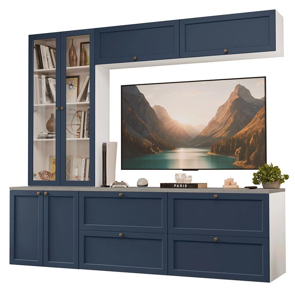 Estante Sala De Estar Com Rack + Cristaleira 230cm Vik Madesa 01 Branco-azul - 2