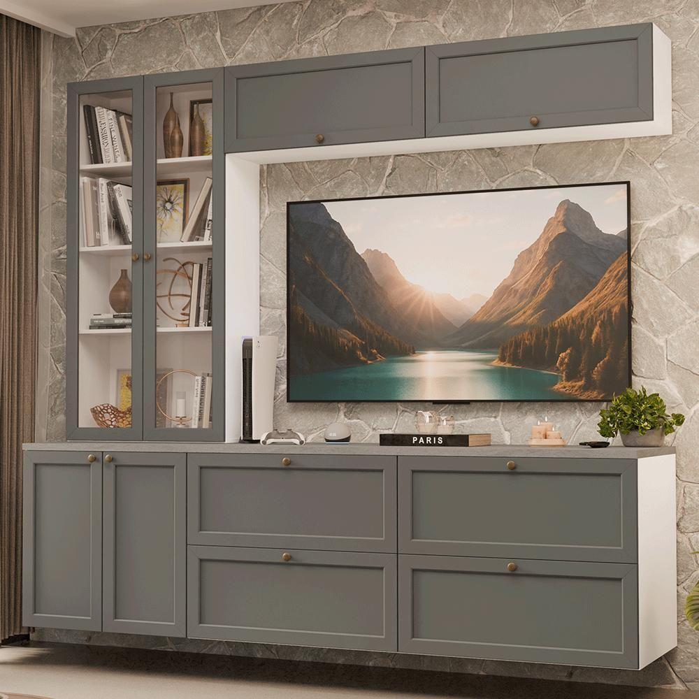 Estante Sala De Estar Com Rack + Cristaleira 230cm Vik Madesa 01 Branco-cinza - 1