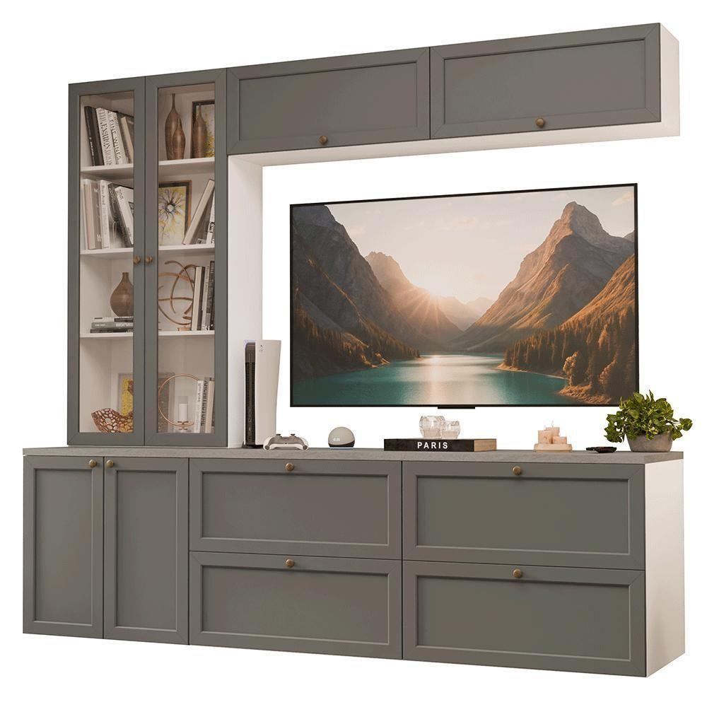 Estante Sala De Estar Com Rack + Cristaleira 230cm Vik Madesa 01 Branco-cinza - 2