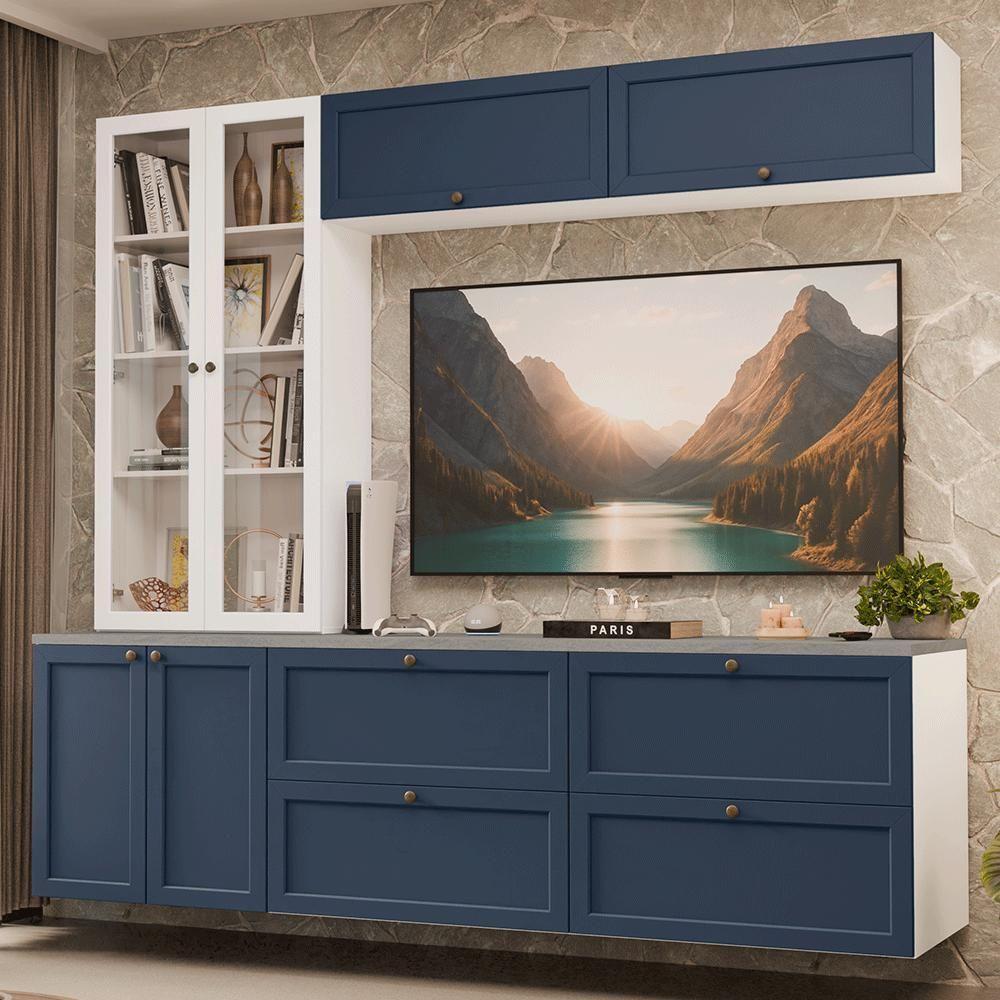 Estante Sala De Estar Com Rack + Cristaleira 230cm Vik Madesa 01 Branco-azul - 1