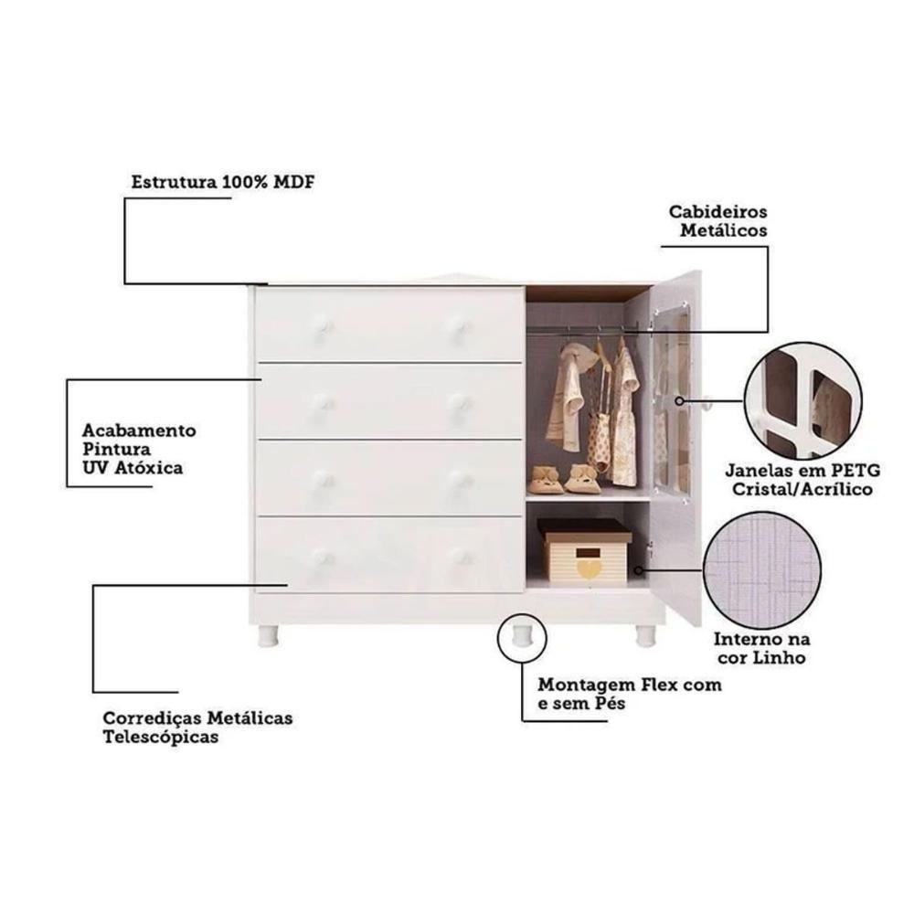 Cômoda Infantil Elô C- 1 Porta Cristal E 4 Gavetas Branco-amendoa - Peroba - 7