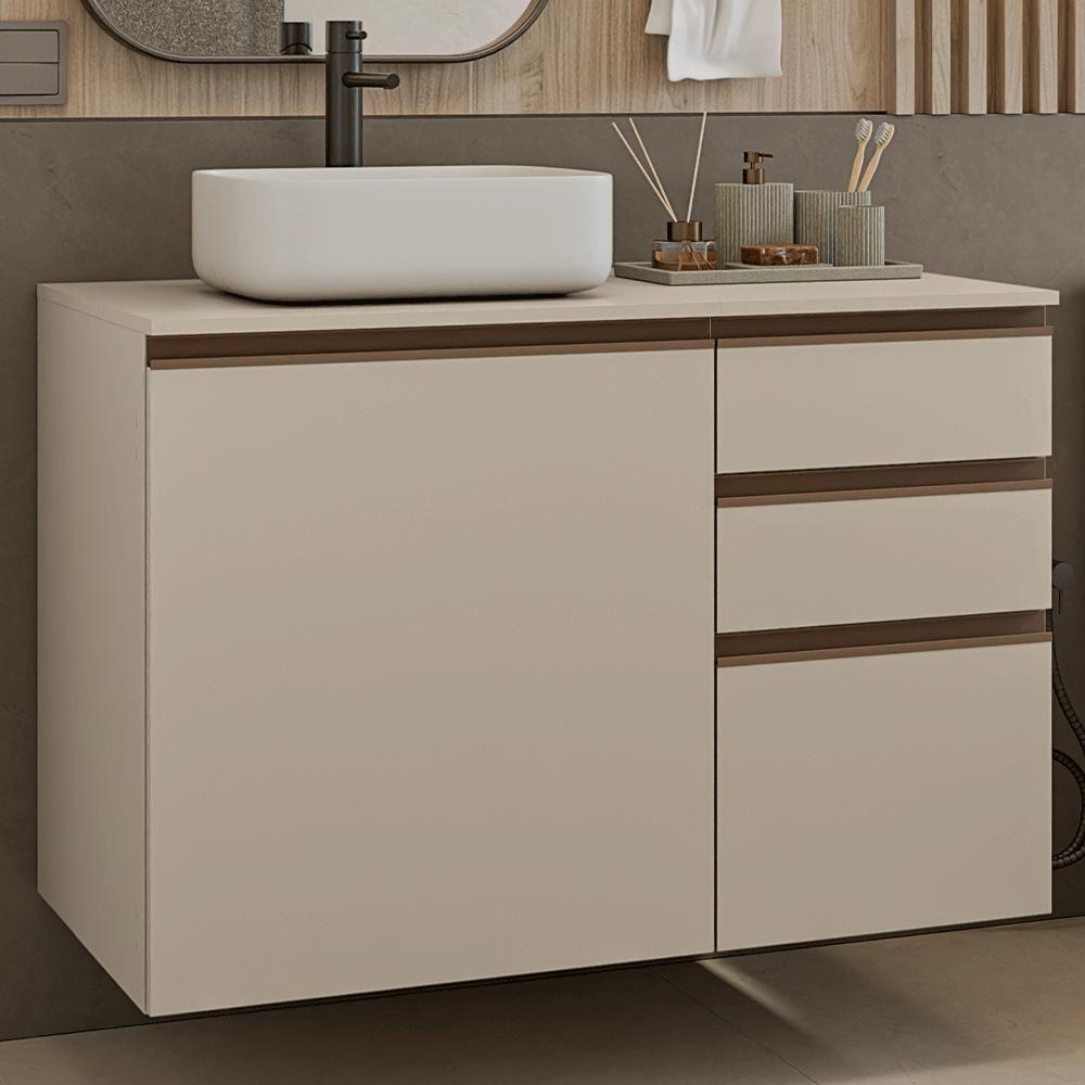 Gabinete Suspenso Para Banheiro 100cm 1 Porta 3 Gaveta Nice Madesa 03 Crema - 1