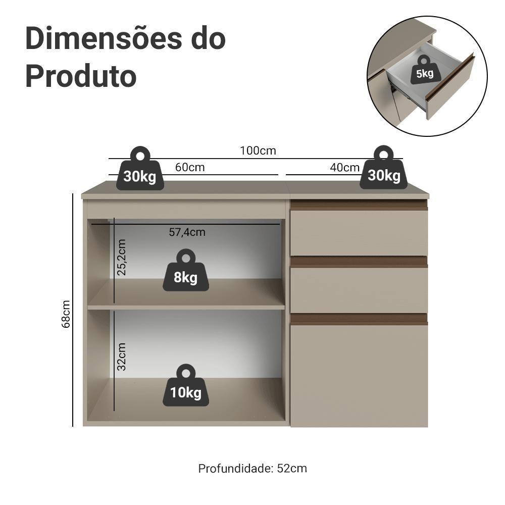 Gabinete Suspenso Para Banheiro 100cm 1 Porta 3 Gaveta Nice Madesa 03 Crema - 3