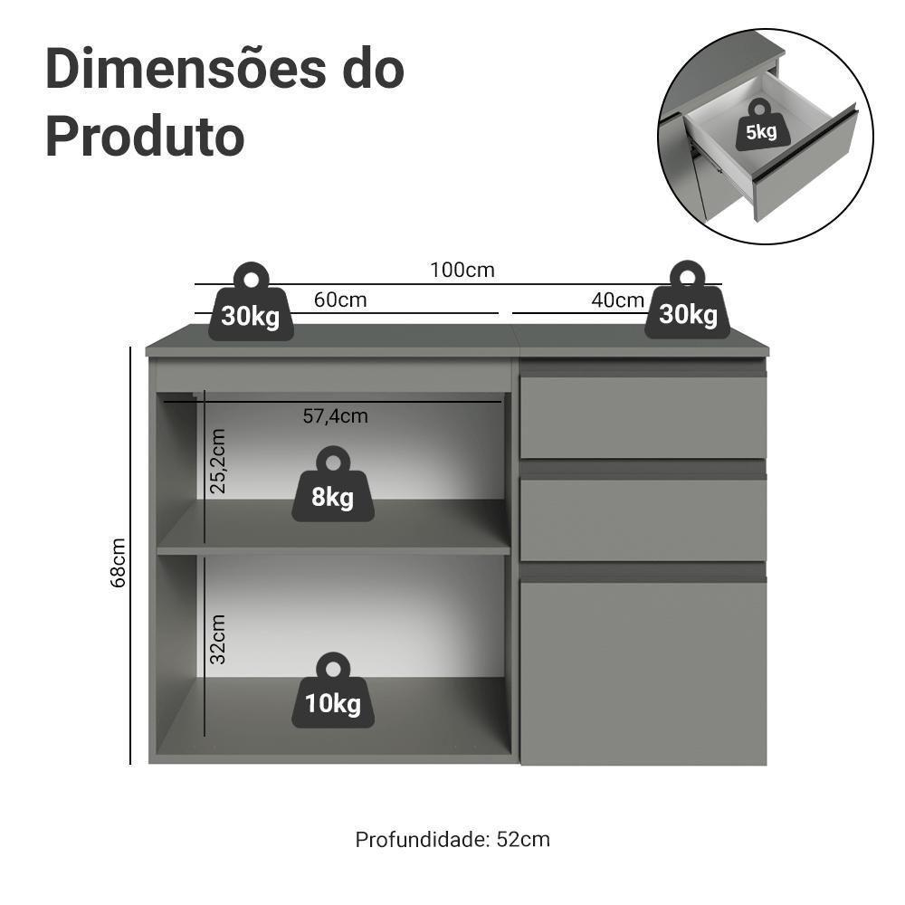 Gabinete Suspenso Para Banheiro 100cm 1 Porta 3 Gavetas Nice Madesa 03 Cinza - 3