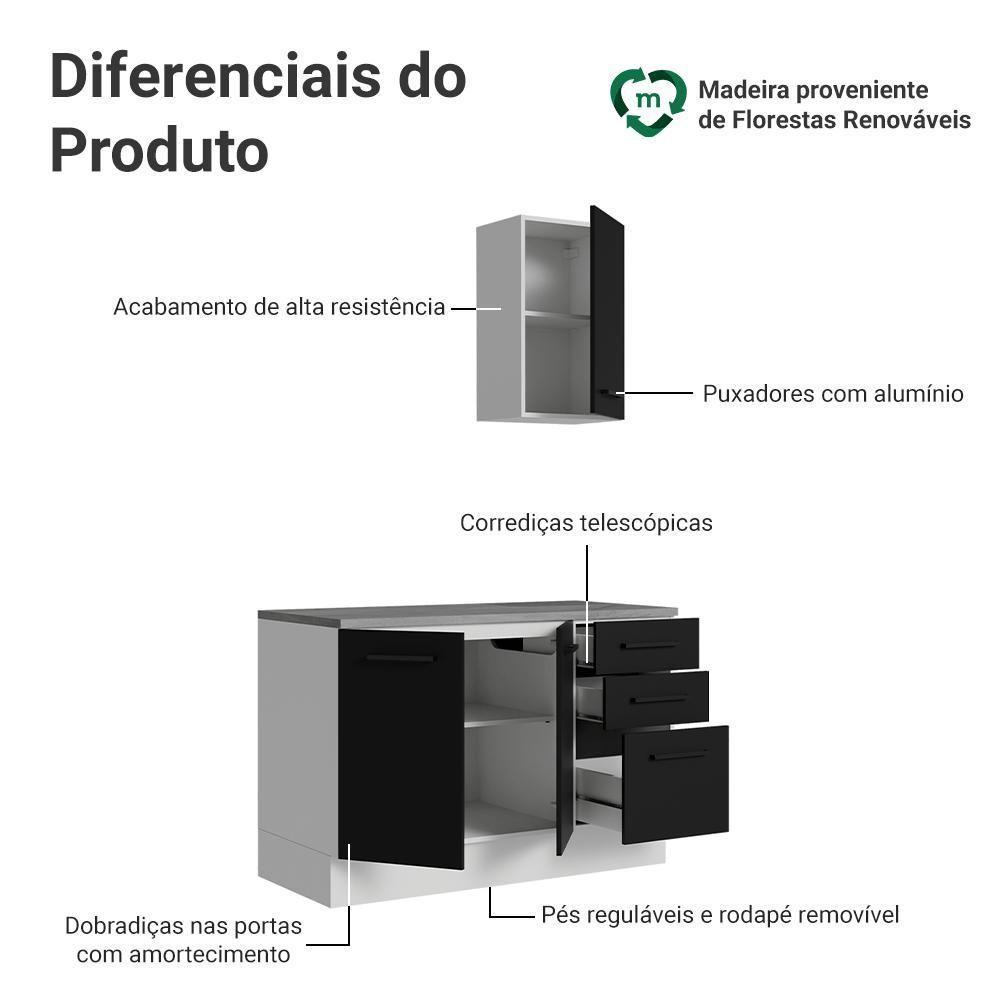 Conjunto Gabinete Para Banheiro 120cm 3 Portas 3 Gavetas Agata Madesa 01 Branco-preto - 4