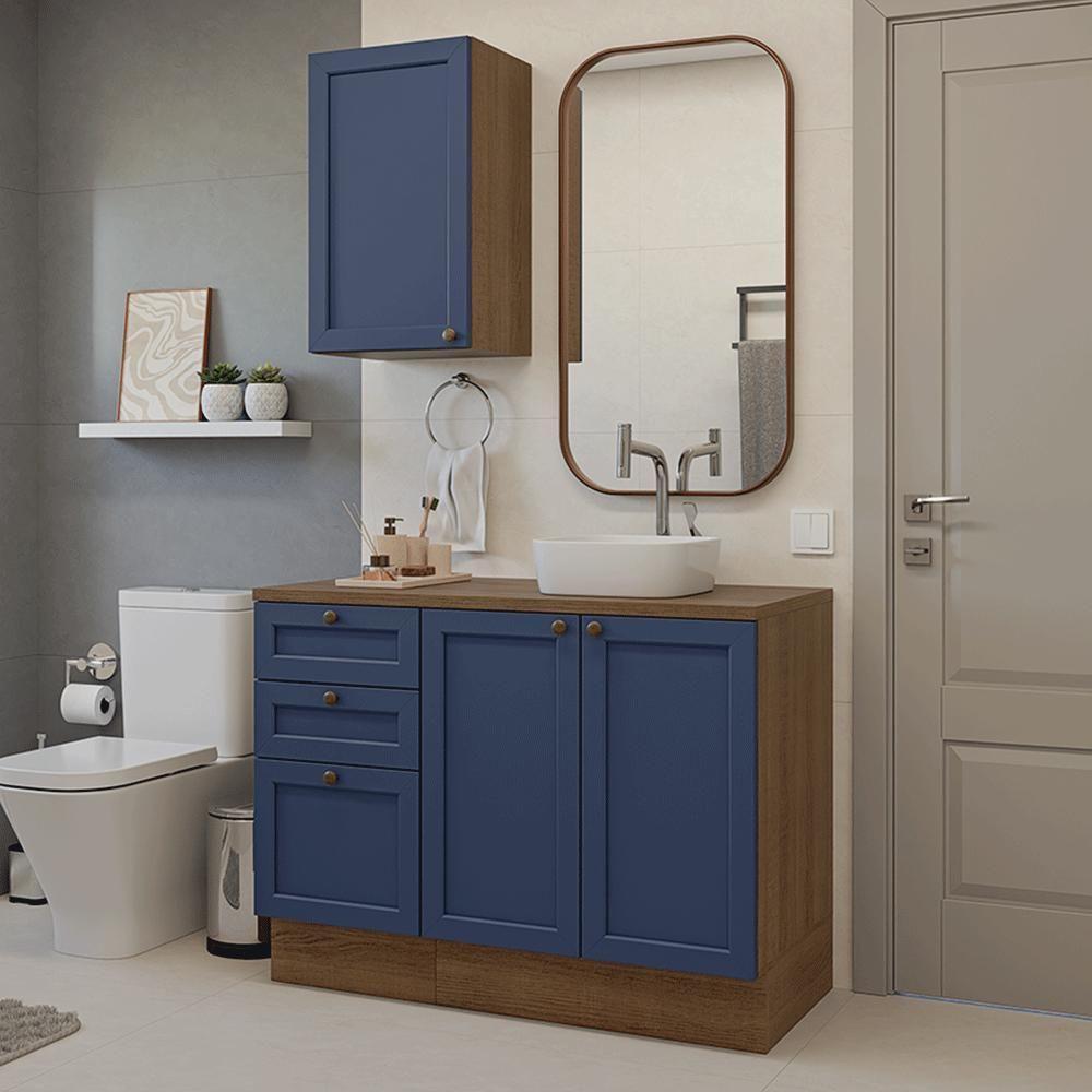 Conjunto Gabinete Para Banheiro 110cm 3 Gavetas 3 Portas Vik Madesa 01 Rustic-azul - 1