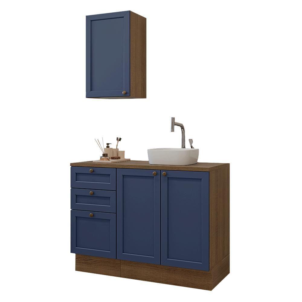 Conjunto Gabinete Para Banheiro 110cm 3 Gavetas 3 Portas Vik Madesa 01 Rustic-azul - 2