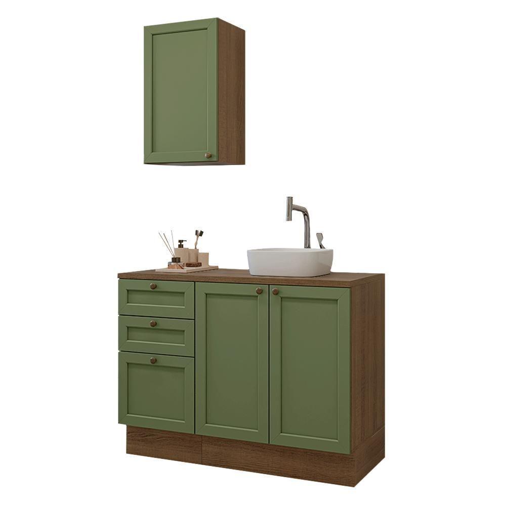 Conjunto Gabinete Para Banheiro 110cm 3 Gavetas 3 Portas Vik Madesa 01 Rustic-verde - 2