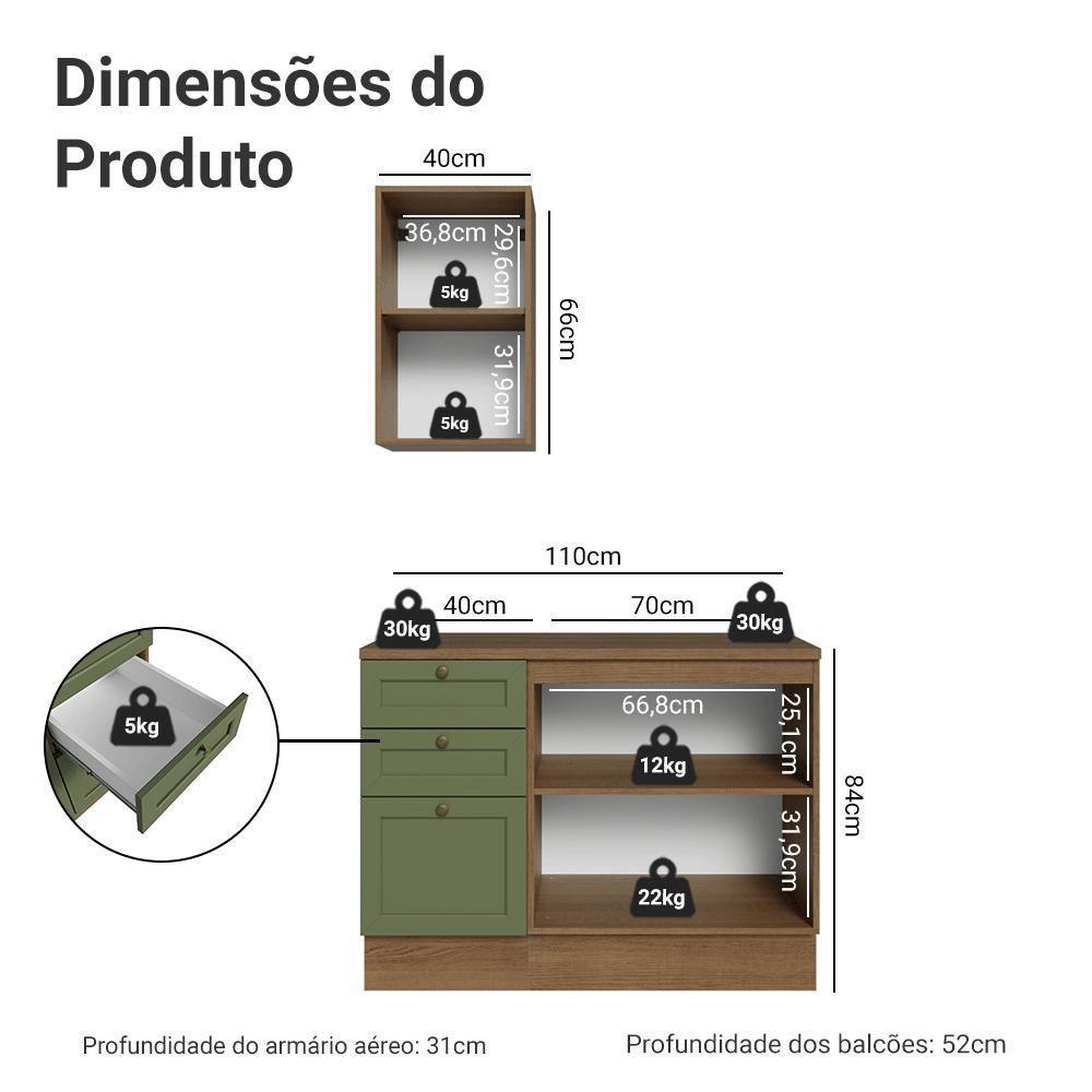 Conjunto Gabinete Para Banheiro 110cm 3 Gavetas 3 Portas Vik Madesa 01 Rustic-verde - 3