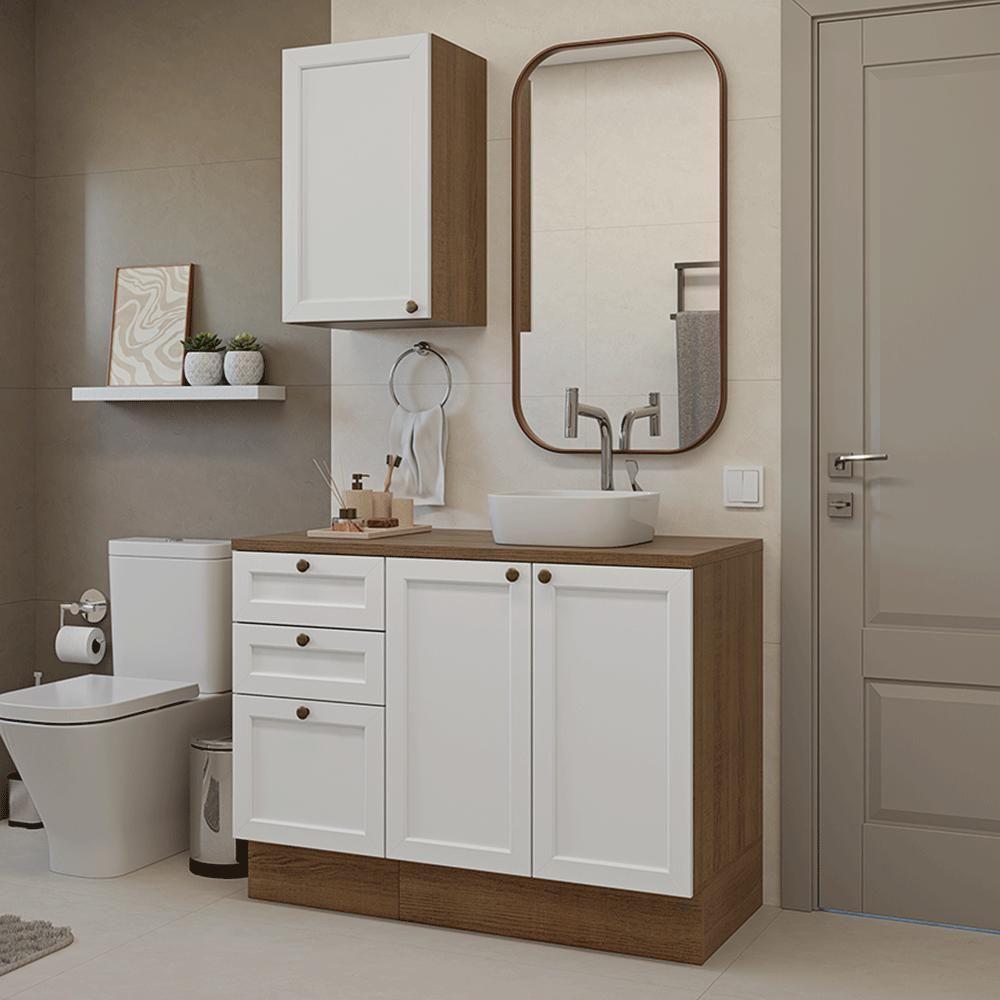 Conjunto Gabinete Para Banheiro 110cm 3 Gavetas 3 Portas Vik Madesa 01 Rustic-branco - 1