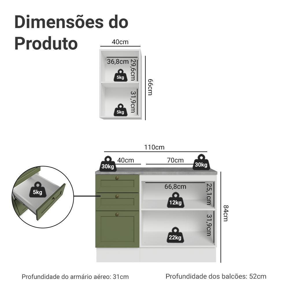 Conjunto Gabinete Para Banheiro 110cm 3 Gavetas 3 Portas Vik Madesa 01 Branco-verde - 3