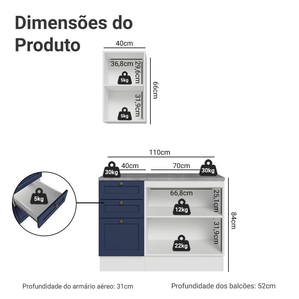 Conjunto Gabinete Para Banheiro 110cm 3 Gavetas 3 Portas Vik Madesa 01 Branco-azul - 4