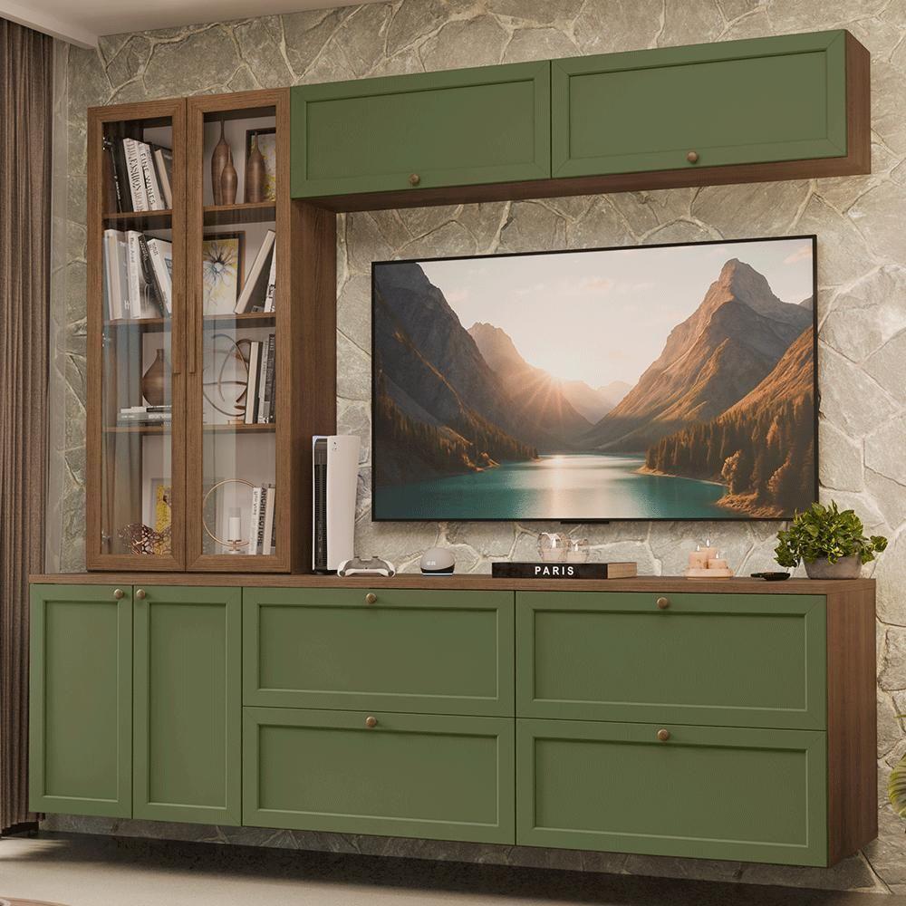 Estante Sala De Estar Com Rack + Cristaleira 230cm Vik Madesa 02 Rustic-verde - 1