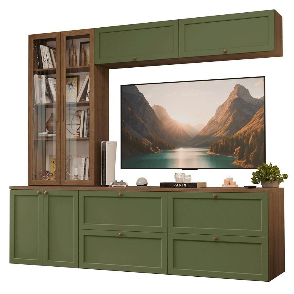 Estante Sala De Estar Com Rack + Cristaleira 230cm Vik Madesa 02 Rustic-verde - 2
