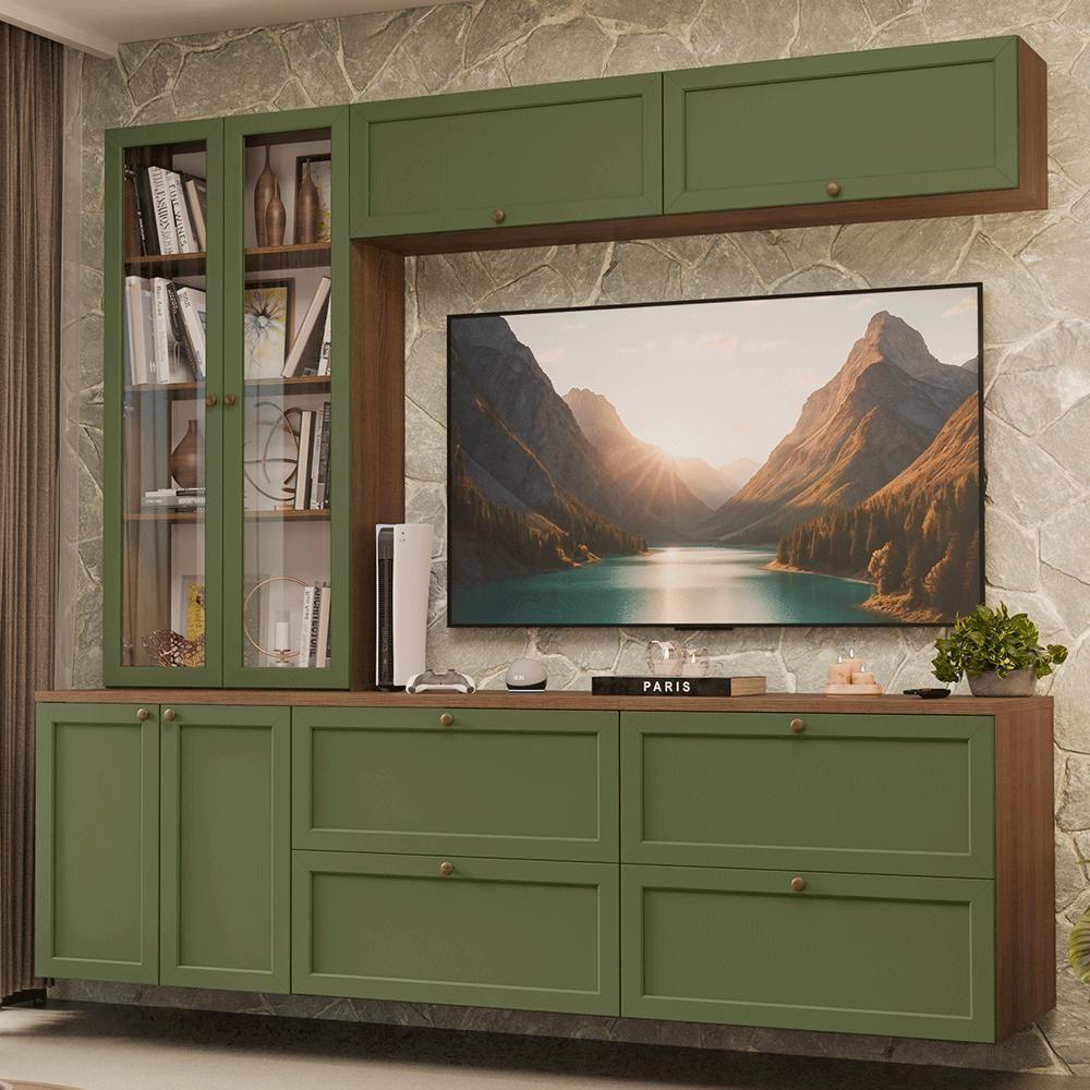 Estante Sala De Estar Com Rack + Cristaleira 230cm Vik Madesa 01 Rustic-verde - 1